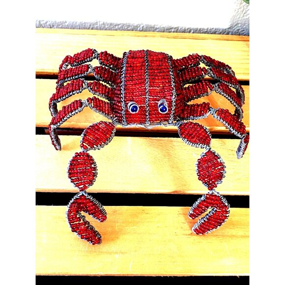 Grass Roots Beaded Handmade Wire Blue-Eyed Crab and Clam Shell with Tag Vintage - Picture 3 of 13